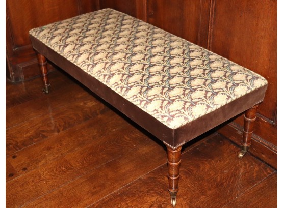 Stylish Antique English Needlepoint Bench With Carved Wood Legs & Original Brass Casters