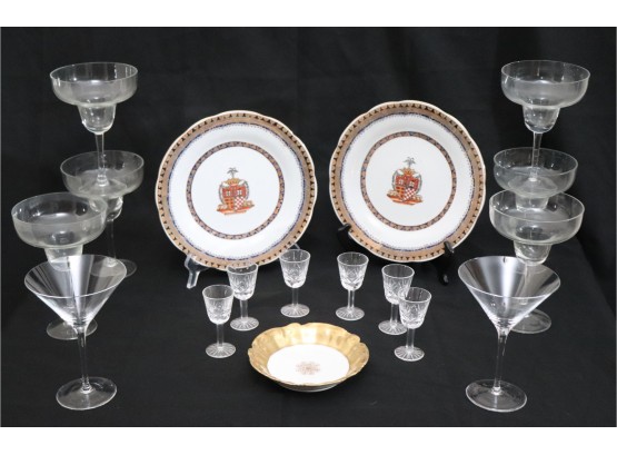 2 Decorative Painted Plates, Margarita Glasses, Cordials, Small Limoges Bowl 2 Martini Glasses