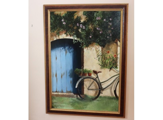 Signed Painting Of Bicycle By Blue Doorway With Delicate Ivy & Purple Flowers. Signed F De Villeneuve