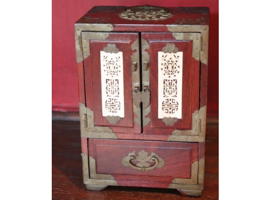 Vintage Asian Jewelry Box With Inlaid Carved Bone Detailing On Doors & Sides. & Brass Corners