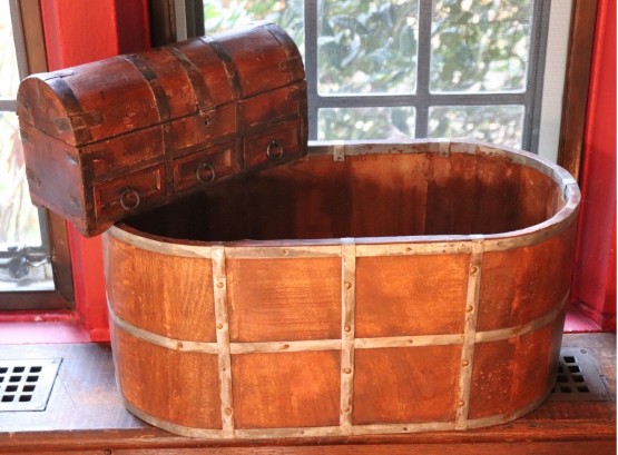 Antique Wooden Bucket & Antique Jewelry Casket With Hinged Lid