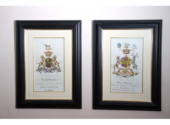 Pair Of Antique Hand Colored Prints Featuring Family Crests Of Baron Grosvenor & George Somnfrend