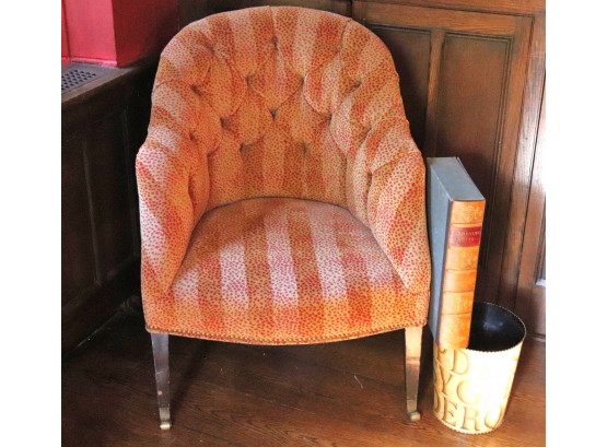 Interesting Tufted Back Barrel Chair With Leopard Motif Velvet Upholstery On Wooden Legs & Brass Casters