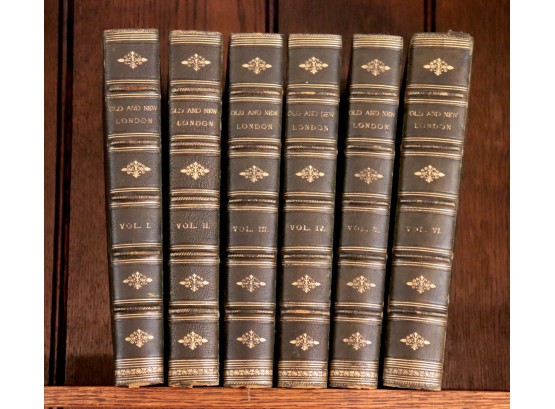 Leather Bound Set Of 6 Antique Books Ca. 1880s Of Old & New London,  Marbleized Page Edges By Walter Thornbury