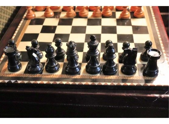 Large Vintage Chess Set Of Boxwood & Ebony With Inlaid Wood Details