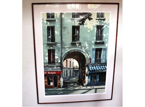 Framed Lithograph Of French Street & Archway With Antiques Store & Bar. Signed & Numbered 69/200