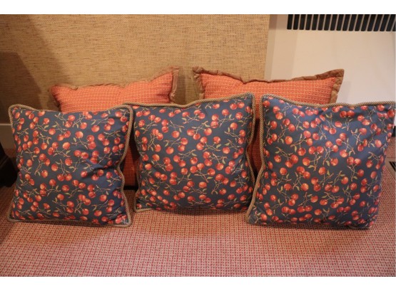 56.Lot Of 5 Decorative Throw Pillows, 3 With Cherries & Gingham Trim And 2 Down Filled With Suede Trim