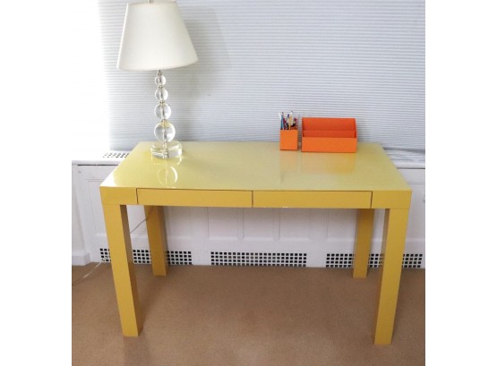Chic Parsons Style Desk From West Elm & Cool Lucite Lamp