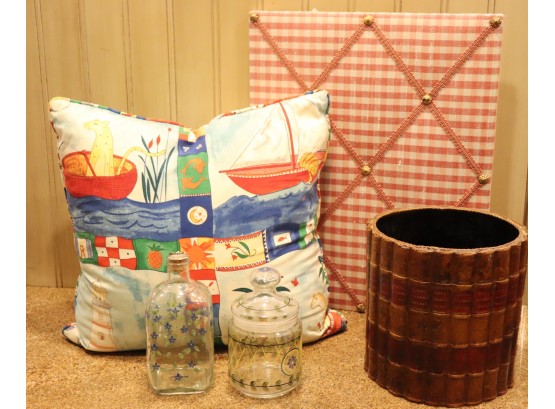 Lot Includes Cheerful Summer Theme Pillow, Leather Book Wrapped Waste Can, Message Board, & Slatkin C Box