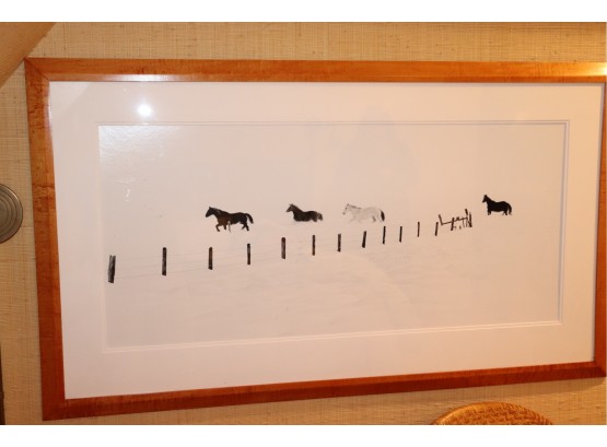 Photograph Of Wild Horses In The Snow And Beautiful Burl Wood Frame