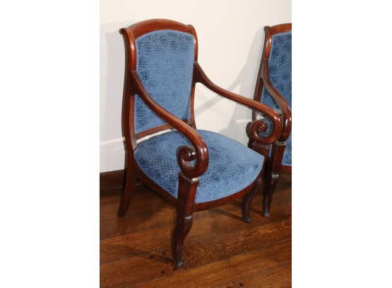 Pair Of Late Empire Mahogany Curved Arm Armchairs With Custom Blue Velvet Speckled Fabric