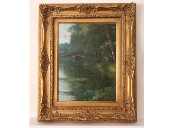 Original Landscape Artwork Of A Pond With Lily Pads & Bridge. Signed F. Oruaghi. Elegant Gold Frame