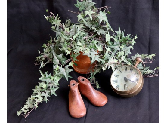 Group Of Tabletop Items Including Antique Wood Childrens Shoe Form, Antique Look English Clock
