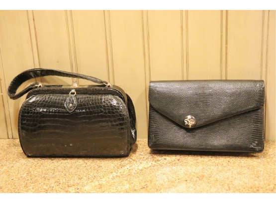 Two Black Vintage Alligator Handbags., One Handbag & A Clutch