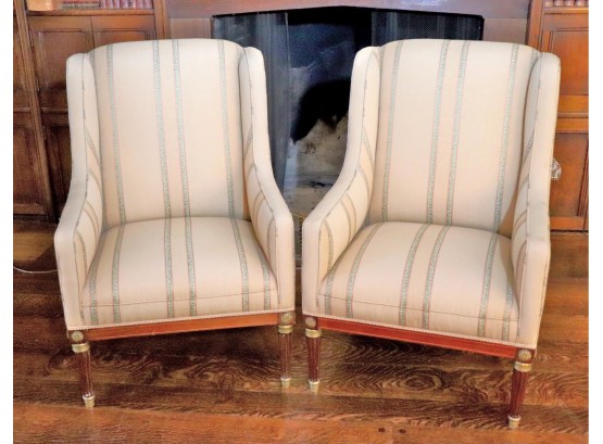 Pair Elegant English Wing Chairs In Beige Moire Fabric With Delicate Stripe Detailing