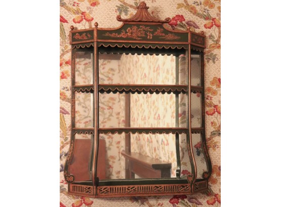 Chinoiserie Style Carved & Hand Painted Hanging Wall Display Cabinet / Shelf With Mirrored Back