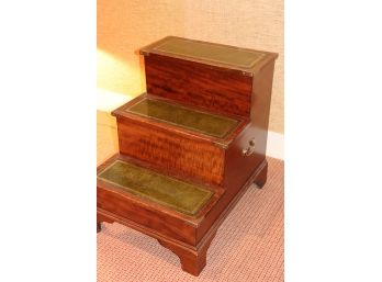 Vintage English Mahogany Library Steps With Green Leather Tops & Gold Embossing