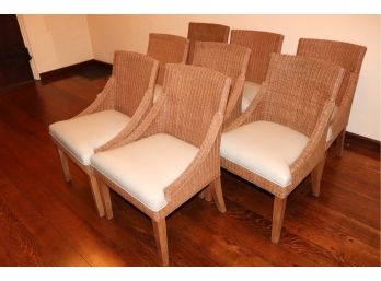 Eight Sturdy Wicker Chairs By Palecek, With Light Gray Weather Look Seat Covers