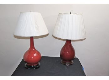 Two Beautifully Graceful Oxblood Ceramic Companion Lamps, & Pleated Shades