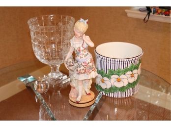 Tall Crystal Pedestal Vase With Starburst Design, Italian Painted Planter Made For Tiffany & Figurine