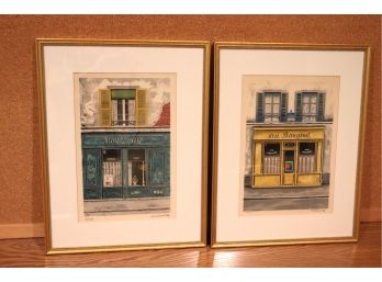 Two Signed & Numbered Prints Of French Cafe Scenes In Lovely Thin Gold Frames