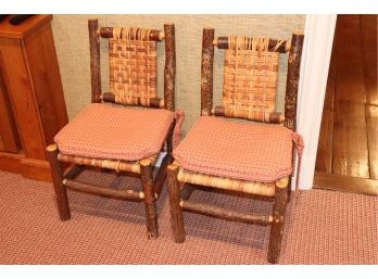 Pair Of Sweet Childrens Hickory Log & Rattan Chairs With Tie On Cushions