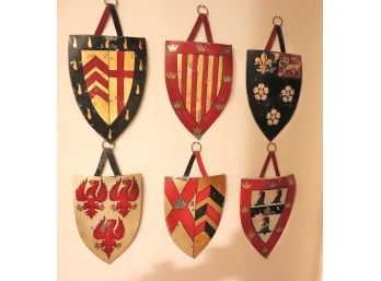 1.Grouping Of 6 Tole Hand Painted Heraldic Crests With Hanging Circles. Queens College, Oxford & Cambridge