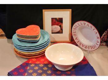 Enjoy Entertaining With This Lot Of Hand Painted Ceramic Plates, Pasta Bowls & Round Tablecloth