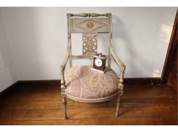 Antique Painted & Parcel Gilt Directorie Armchair With Paisley Fabric Upholstery, & An English Style Table