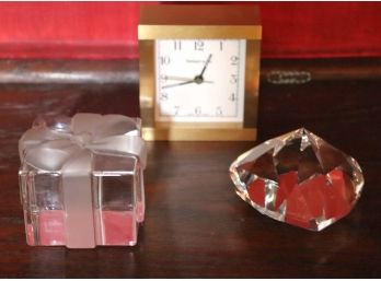 Lot Of Small Tiffany Tabletop Items - Modern Brass Wind Up Swiss Quartz Desk Clock & Crystal Heart