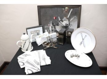 Fun Lot Of Kitchen Items Featuring Watercolor Artwork & 2 Heavy Iron Molds Of Fork & Spoon Accessories