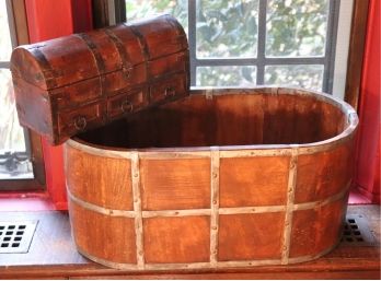 Antique Wooden Bucket & Antique Jewelry Casket With Hinged Lid