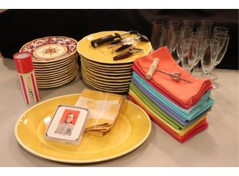 Indoor / Outdoor Grouping Of Lecadeaux Plates Multicolored Napkins, Champagne Glasses & More
