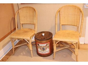 Two Woven Leather Curved Back Chairs And Vintage Indian Head Apple Barrel
