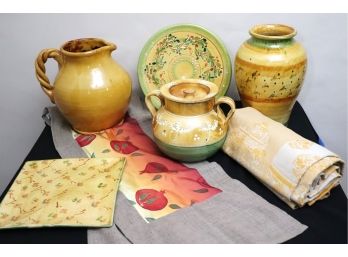 Provencial French Glazed Terra Cotta Decorative Serving Pieces, Pitchers, Platters, Vase & Tablecloth