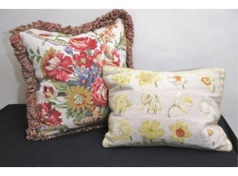 Two Decorative Floral Throw Pillows Including One Needlepoint Pillow With Yellow Tone Flowers