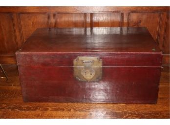 Interesting Large Asian Lacquered Storage Chest With Decorative Brass Closure & Brass Handles. Signed On The I