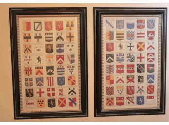 Two Hand Colored Prints Of Family Crests In Elegant Wood Frames