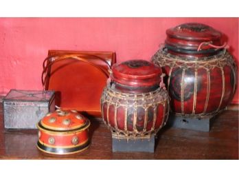 Group Of Exotic Asian Lacquerware, Baskets & Box As Well As Frosted Glass Box