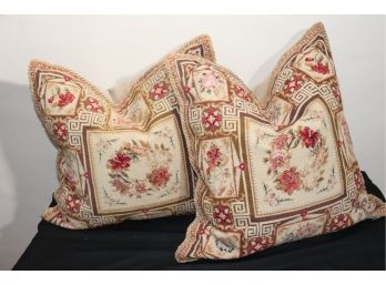 Pair Of Very Pretty Needlepoint Pillows With Floral Design And Greek Key Border