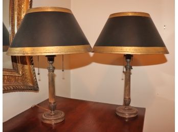 Pair Of French Empire Style Candlestick Lamps With Shades In Burnished Brass