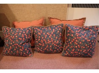 56.Lot Of 5 Decorative Throw Pillows, 3 With Cherries & Gingham Trim And 2 Down Filled With Suede Trim