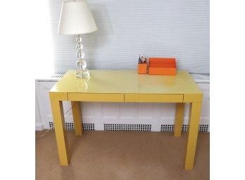 Chic Parsons Style Desk From West Elm & Cool Lucite Lamp