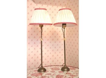 Pair Of Dainty Brass Boudoir Lamps With Custom Shades