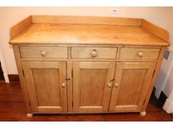 Antique Pine Sideboard Cabinet With 3 Drawers & 3 Doors. Distressed Wood Top, Original Knobs
