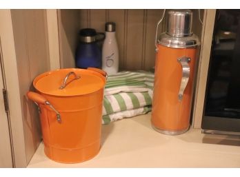 Lot Of Fun Summer Outdoor Tabletop Decor Including Orange Ice Bucket, Tall Orange Thermos & More