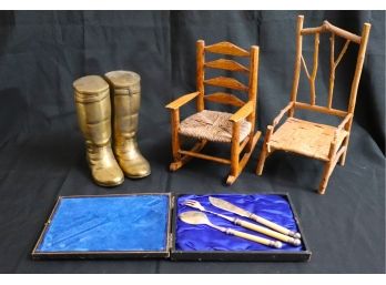 Pair Of Unusual Brass Boot Bookends 7.5 T & 2 Handmade Miniature Decorative Wood Chairs
