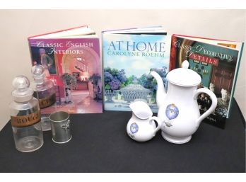 Lot Of 3 Decorating Books, 2 Antique Pharmacy Jars, 2 Pierre Deux Hand Painted French Teapot & Creamer