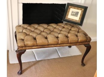 Leather Chesterfield Style Tufted Bench With Queen Anne Legs & Brass Nail-Heads With Vintage Print