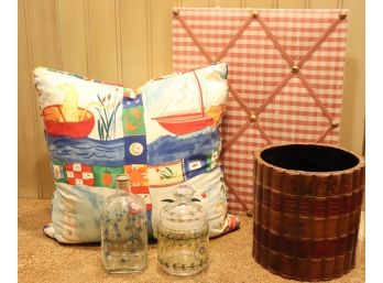 Lot Includes Cheerful Summer Theme Pillow, Leather Book Wrapped Waste Can, Message Board, & Slatkin C Box